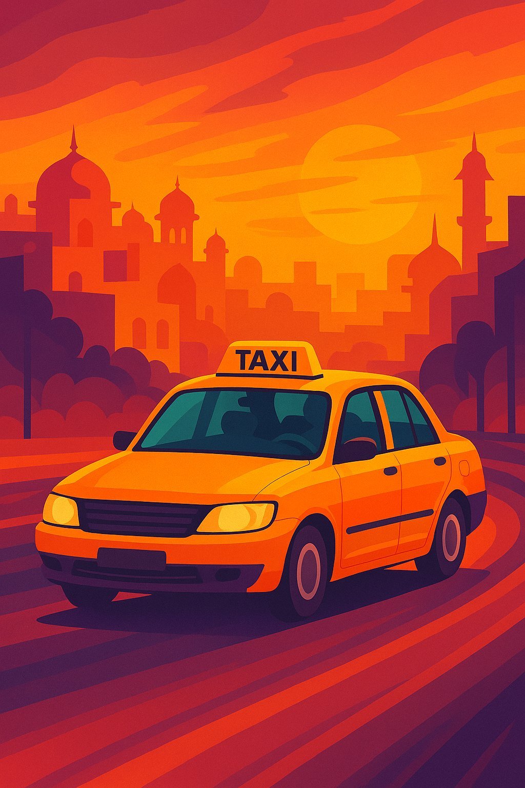 Illustration of a taxi in an abstract cityscape