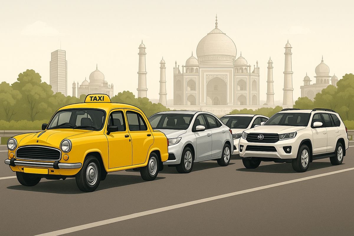 Vintage taxi in front of the Taj Mahal