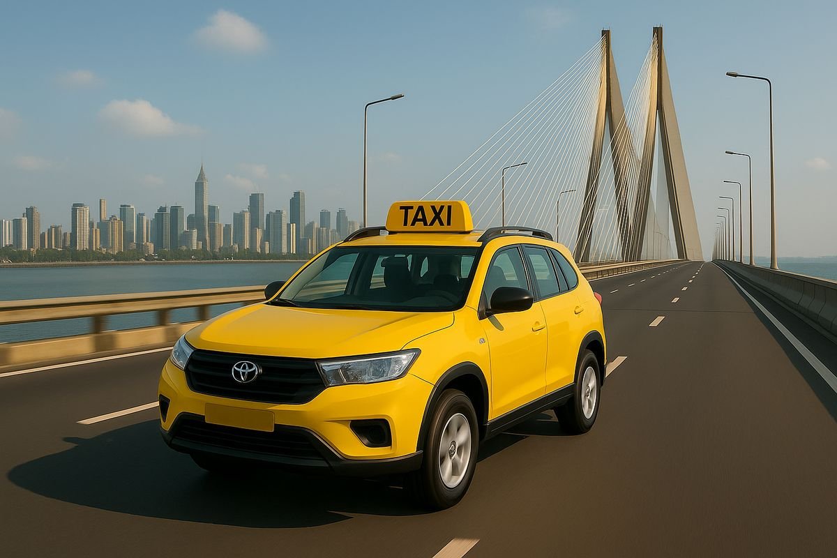 Yellow taxi crossing a modern cable bridge